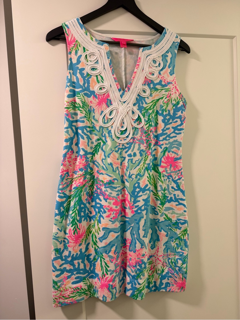 Lilly Pulitzer Pink and Aqua Floral V-Neck Dress with White Trim